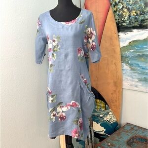 Vasna,Timeless Italian Ladies Lagenlook Quirk Boho Floral Linen,EUC,Size Medium